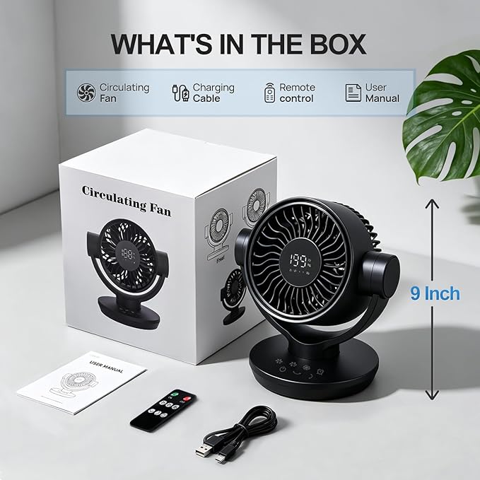Fan for Bedroom, Table Air Circulator Fan 9 Inch Remote, 90°+120° Auto Oscillation Desk Fan, 10dB Quiet, 6-Speed, Powerful Mode Cordless, Max 12H Timer 8000mAh Battery 40ft Airflow, LED Display