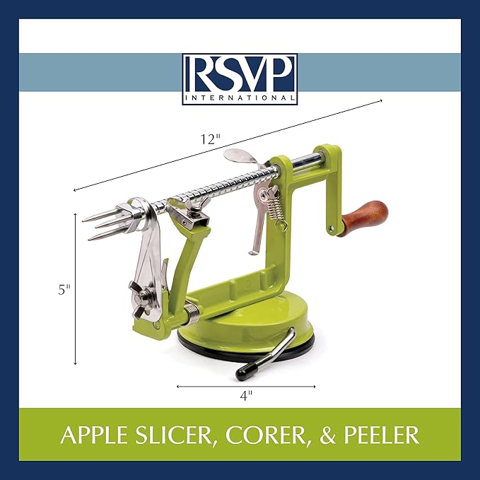 RSVP International Green Apple Slicer, Corer, & Peeler | Suctions to Countertop | Cuts Perfect .25" Slices | Durable & Strong