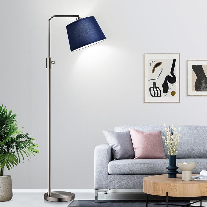 Nintiue Dimmable Floor Lamp, 1000 Lumens LED Edison Bulb Included, Brushed Nickel Arc Standing Tall Floor Lamp with Blue Shade for Living Room Bedroom Office Dining Room