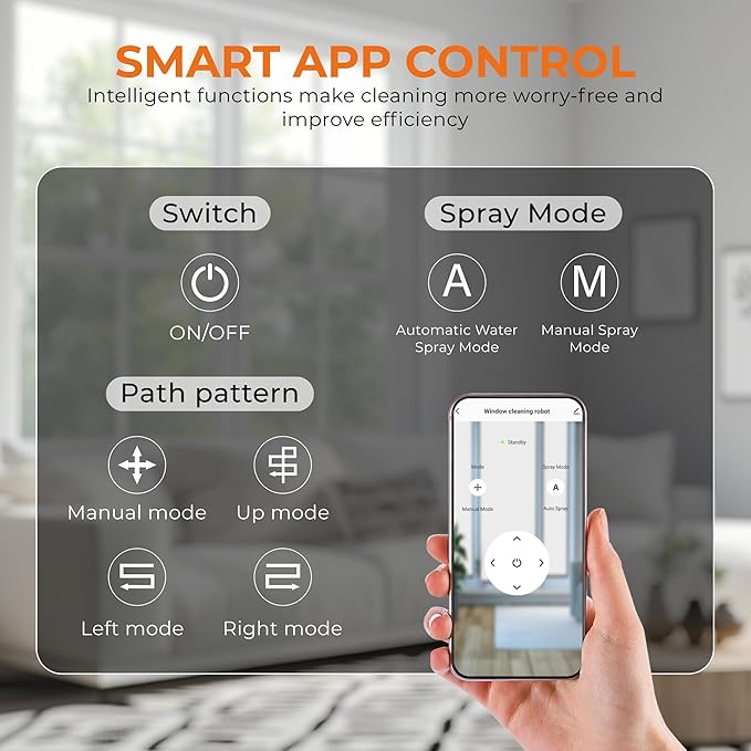 FRUITEAM Automatic Window Cleaner Robot with Dual Direction Auto-Spray, APP and Remote Control, Smart Path Detection, Triple Safety System Anti-Drop for High-Rise Windows, Glass,Door, with 8 Rags