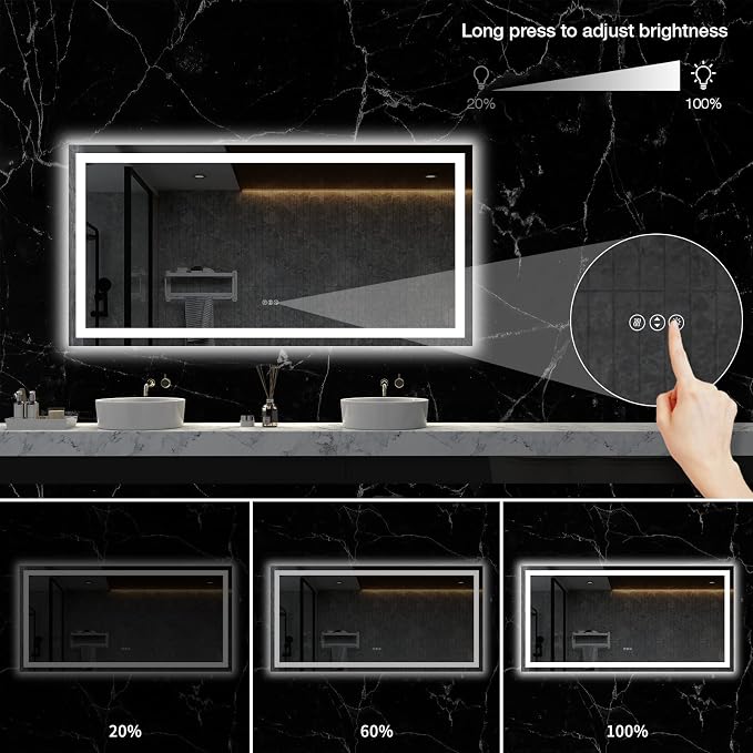 LOAAO 72"X36" LED Bathroom Mirror with Lights, Anti-Fog, Dimmable, Backlit + Front Lit, Lighted Bathroom Vanity Mirror for Wall, Memory Function, Tempered Glass, ETL Listed