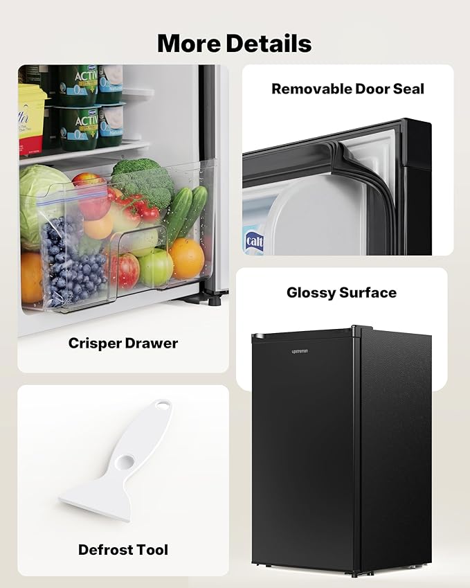 Upstreman 3.2 Cu.Ft Mini Fridge with Freezer, Quiet Efficient Small Fridge, Compact Refrigerator with Adjustable Thermostat, for Dorm, Bedroom, Office, Black-BR321