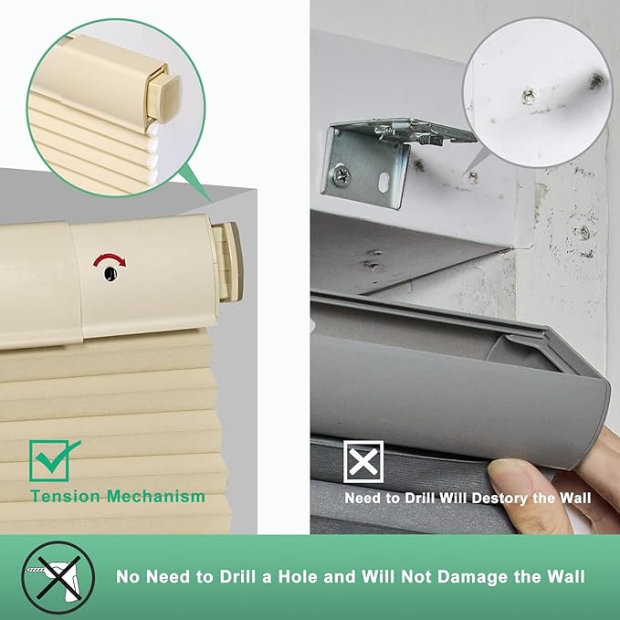 Tonature No Drill Cellular Shades for Indoor Windows, Thermal Insulating & Noise Reducing Honeycomb Blinds, Free Stop Cordless Light Filtering Shades, Beige,31" W x 64" H