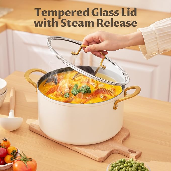 BEZIA 10QT Large Ceramic Nonstick Stock Pot with Lid, Induction Cooking Pot | PTFE/PFOA-Free Nonstick Soup Pot, Oven & Dishwasher Safe, Works on All Stovetops, for Hosting, Large Family Stews & Meal Prep