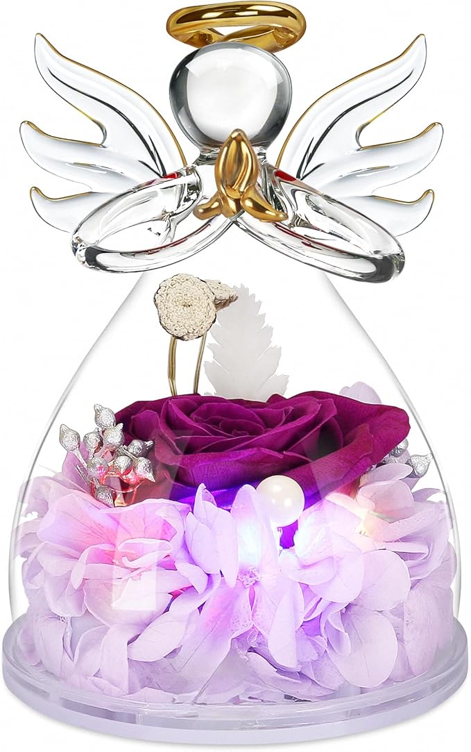 Mothers Day Mom Gifts for Mom,Fresh Flowers for Delivery,Birthday Gifts for Women Her,Preserved Flowers in Angel Figurines,Angel Gifts for Moms Mothers Day Grandma Wife Sister,Light Up Purple Gift