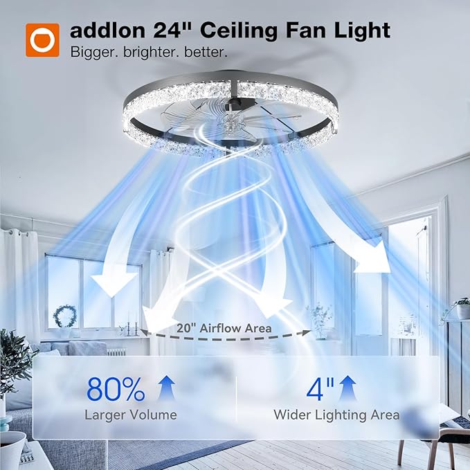 addlon Ceiling Fans with Lights and Remote, 24'' Low Profile Flush Mount Ceiling Fan, 3000–6000K Dimmable LED Fandelier, Bladeless Crystal Fan Light for Bedroom, Kitchen, Living Room, Black