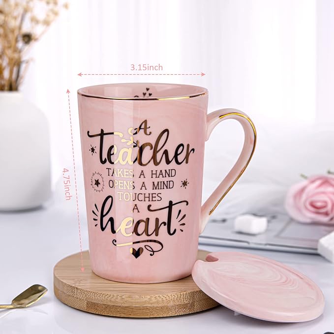 Unique Teacher Appreciation Gifts for Women - Best Teachers Mug for Teachers from Student, 14Oz Pink Marble Ceramic Gold Print Teacher Cup, End of Year Birthday Retirement Graduation, Nice Gift Boxed