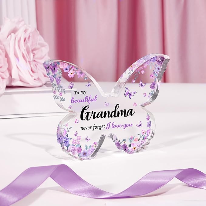 Gifts for Grandma, Grandma Birthday Gifts, Unique Purple Butterfly Acrylic Plaque Desk Decor, Mothers Day Christmas Grandparent Day Gift for Grandmother Nana - 5 x 3.8 x 0.5 inches