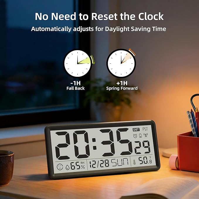 EASYERA 15'' Large Digital Atomic Wall Clock Battery Operated, Self-Setting | Indoor Temperature and Humidity, Large Display, Self-Setting,Auto DST,for Kitchen/Classroom/Living Room(Battery Not Included)