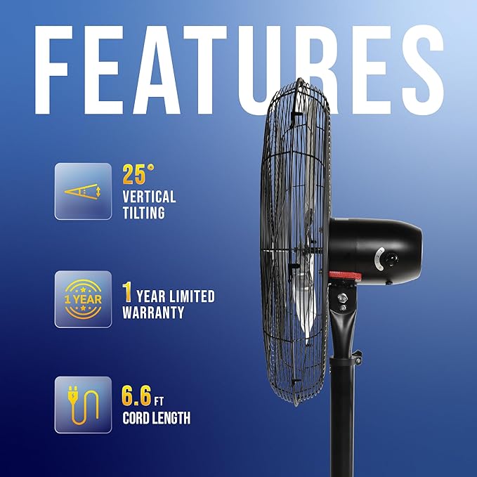 Tornado 24 Inch High Velocity Stationary Non-Oscillating Metal Pedestal Fan Commercial, Industrial Use 3 Speed - 7600 CFM 6.6 FT Cord UL Safety Listed