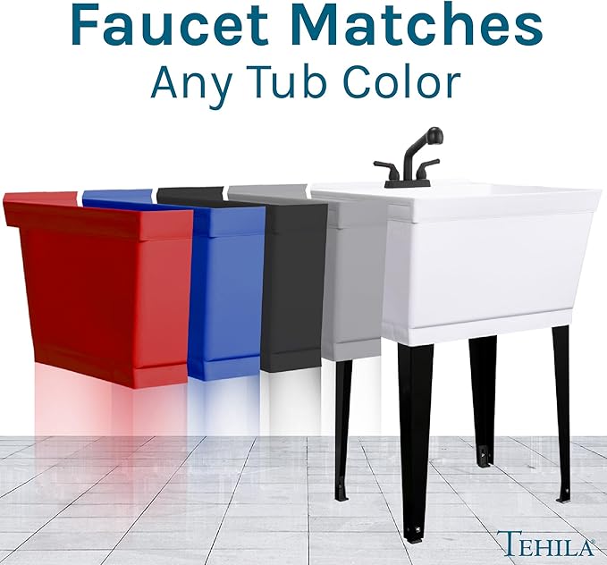 JS Jackson Supplies Dual Handle Pull Out Faucet, Black Finish, 4 Inch Center Set, Universal Utility Sink or Laundry Tub ABS Plastic Faucet with Spray Setting