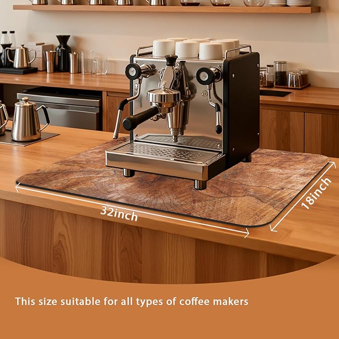 Coffee Mat 32x18 Inch, Wood Grain Coffee Counter Mat, Absorbent Hide Stain Rubber Backed Dish Drying Mat for Kitchen Counter, Bar Mats for Countertops, Under Coffee Maker Machine Pot Espresso Staion