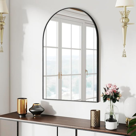 SCWF-GZ 36x24 Arch Mirror Rectangle Full Length Wall Mounted Hanging or Against Wall Metal Aluminium Alloy Frame Dressing Make-up Mirrors for Entryway Bedroom Bathroom Living Room 36 24 inch Black