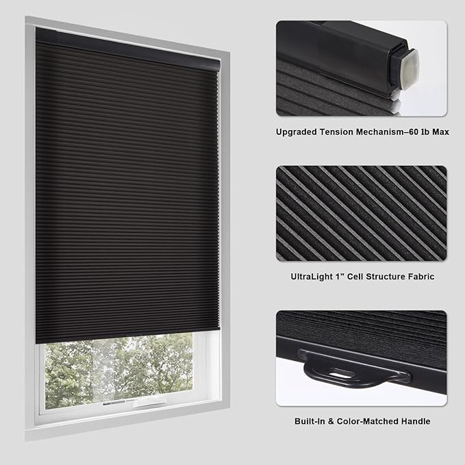 Tonature No Drill Cellular Shades for Indoor Windows, Thermal Insulating & Noise Reducing Honeycomb Blinds, Cordless Free Stop Blinds Light Filtering, Black, Custom Size