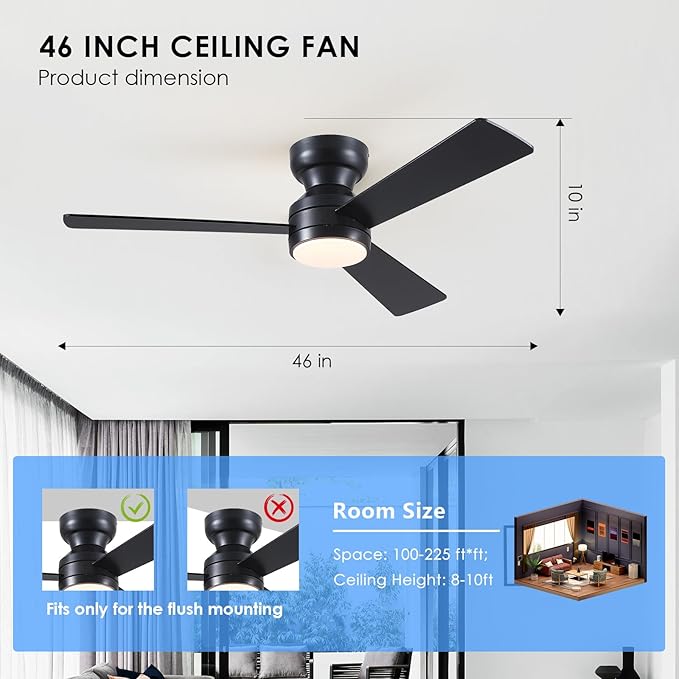 Asyko Ceiling Fans with Lights,46" Low Profile Ceiling Fan with Light and Remote Control,Flush Mount, Reversible, Dimmable, Noiseless, Black Ceiling Fan for Bedroom