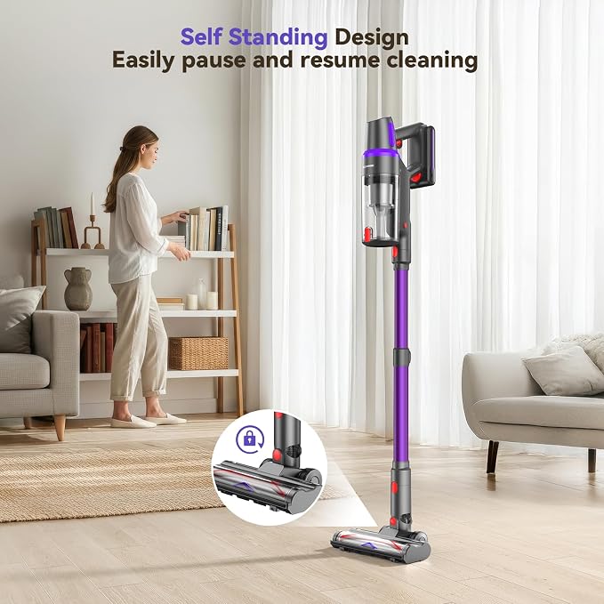 TechRise Cordless Vacuum Cleaner for Home, 550W 45KPa for Pet Hair & Floor | Up to 60 Min Runtime, HEPA Filter, Self-Standing Design, Anti-Tangle Brush & LED Light for Carpets and Hard Floor Cleaning