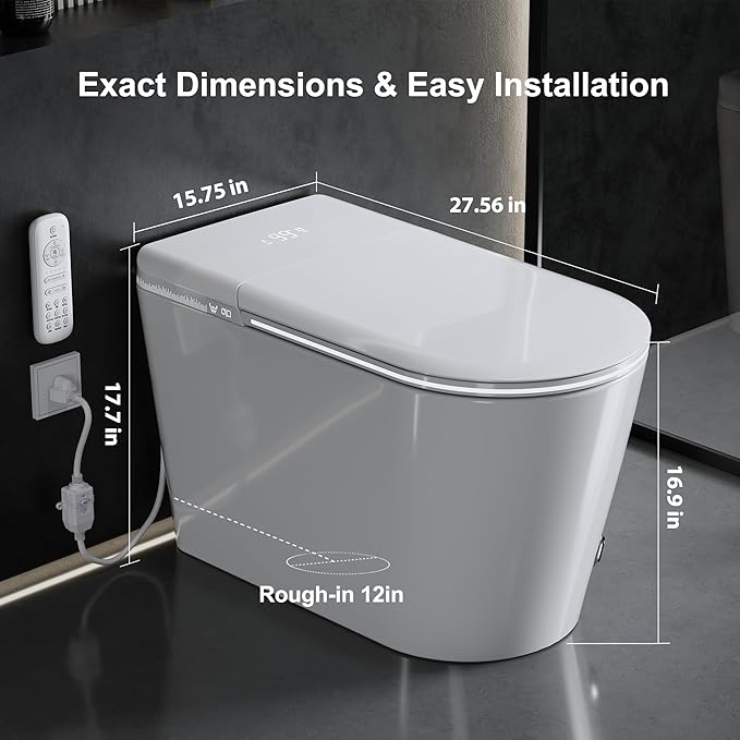 Luxury Smart Toilet with Heated Seat & Instant Warm Water with Remote Control Bidet,Hidden Foam Shield,Air Purification,One Piece Tankless Toilet with ADA Comfort Height,LED Display