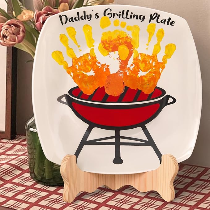 ORIENTAL CHERRY Father's Day Gifts - DIY Daddy's Grilling Plate with Handprint - Personalized Step Dad Gifts from Wife Kids - Funny BBQ Crafts Birthday Present Ideas for First Papa from Daughter Son