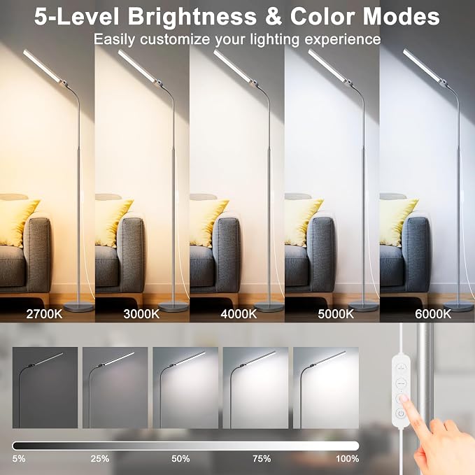 Bright Floor Lamp, 18W/2000LM Silver LED Floor Lamp with Double Head | Adjustable Gooseneck, Dimmable Craft Light for Sewing Tatoo Puzzle，Eye Caring Reading Lamps for Living Room Bedroom Office