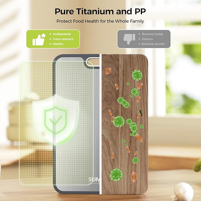Titanium Cutting Board for Kitchen, Double Sided Chopping Board, 99.9% Pure Titanium & PP, Non-Porous, Odor Resistant, Safe for Raw & Cooked Food, Easy to Clean, Large 15”×10.3”