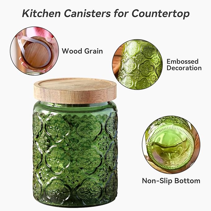 Glass Jar with Lid, Vintage Glass Storage Jars with Airtight Lid Coffee Canister Sugar Container for Kitchen Counter Pantry, Flour, Candy, Tea, Coffee Beans, Oats (Begonia Green*2)