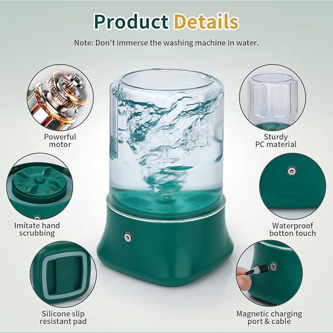Mini Portable Washing Machine - USB Rechargeable 1L Small Washer with 2 Modes Deep Cleaning for Underwear, Socks & Baby Clothes, Compact Travel Laundry for Apartment, Dorm, Camping, Green