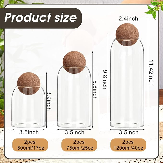 Suclain 6 Pcs Glass Jars with Cork Ball Lid Farmhouse Kitchen Canisters Coffee Bar Countertop Container Rustic Storage Jars for Bean Nut Sugar Coffee Tea Organizer Housewarming Gift (40/25/17oz)