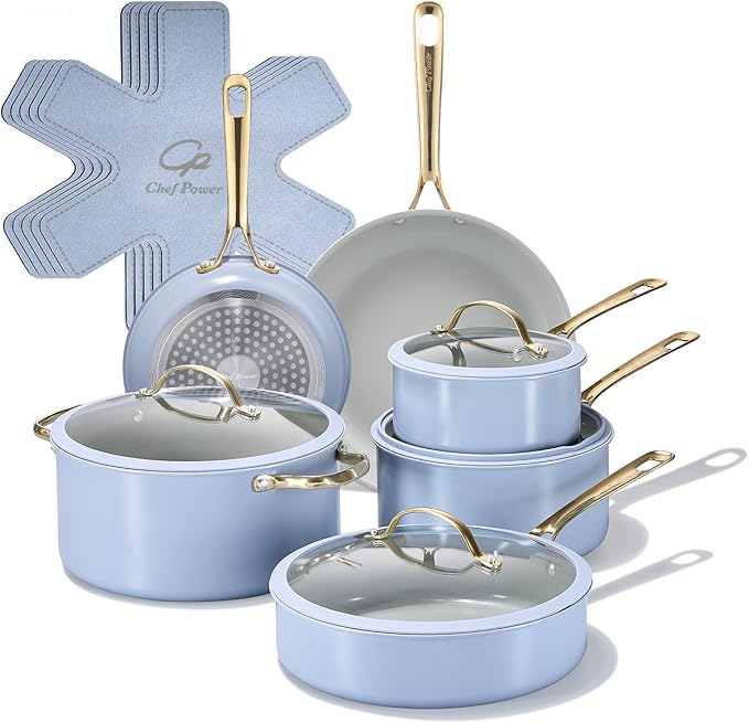 Chef Power Ceramic Cookware Sets, 15Pcs Pots and Pans Set Non Stick, Cookware Set with Stainless Steel Handle, Dishwasher & Oven Safe, Blue Gray and Granite Grey