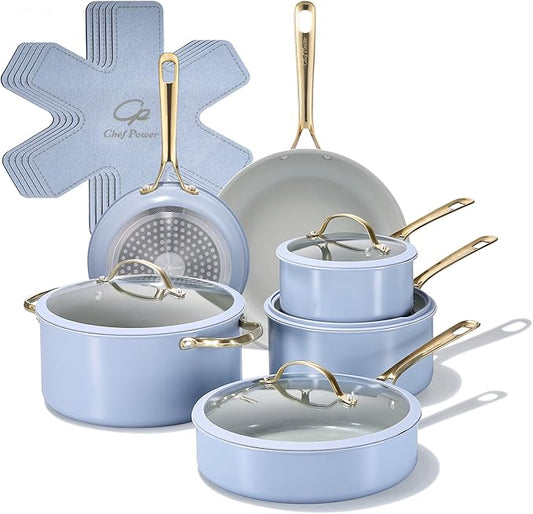 Chef Power Ceramic Cookware Sets, 15Pcs Pots and Pans Set Non Stick, Cookware Set with Stainless Steel Handle, Dishwasher & Oven Safe, Blue Gray and Granite Grey