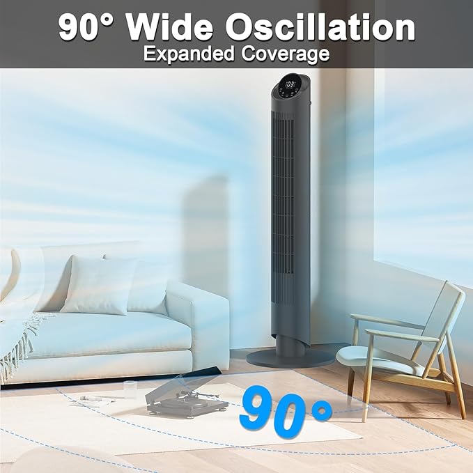 hykolity 40'' Tower Fan for Bedroom, 90° Oscillating Standing Fan, 28dB Ultra Quiet, 26ft/s Velocity Bladeless Floor Fan with 3 Speeds & 4 Modes, 12H Timer for Living Room, Home, Office