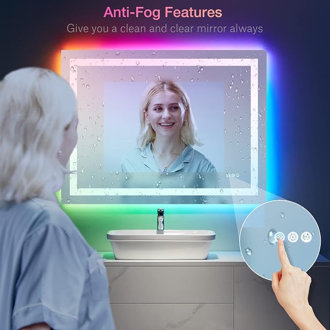 LOAAO 50"X30" LED Bathroom Mirror with Lights, Anti-Fog, Dimmable, RGB Backlit + Front Lighted, Bathroom Vanity Mirror for Wall, Memory Function, Tempered Glass, ETL Listed