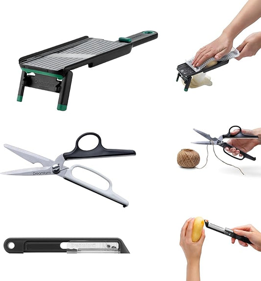 Dreamfarm Kitchen Cutting/Slicing Set – Nocutu, Bishears, Sharple – Mandoline with Flexible Finger Guard, 2‑in‑1 Scissors & Bone Cutter Herb Stripper, Self‑Sharpening Peeler – Stainless Steel Tools