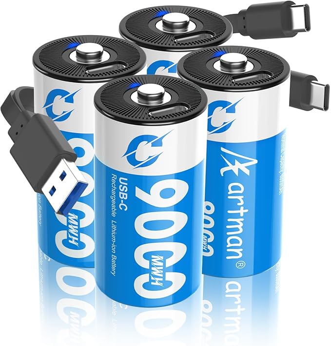 Artman Rechargeable Lithium C Batteries 4 Pack, 1.5V C Cell Batteries with 2 in 1 USB-C Charging Cable, 9000mWh High Capacity Size C Li-ion Battery for Floodlight Toys, Recharge up to 1200+ Cycles