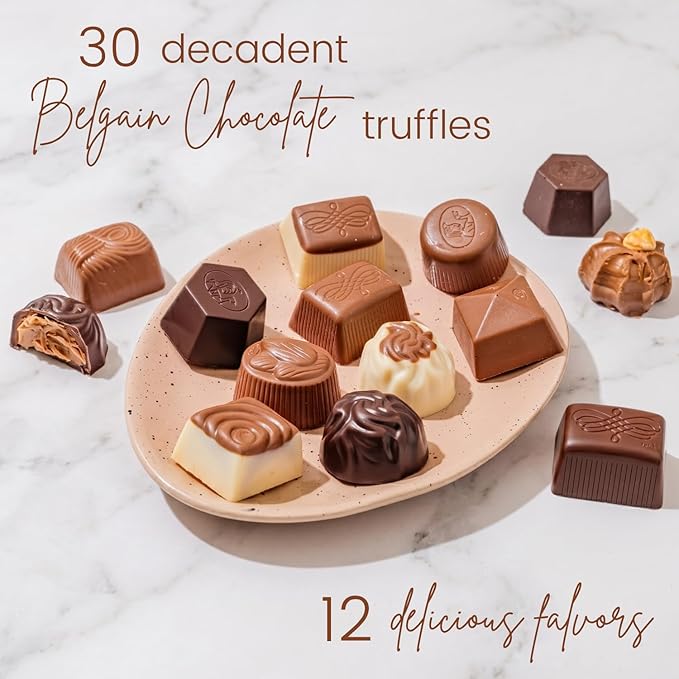 Chocolate Gift Basket– Mothers Day Candy Gift Box with Assorted Milk, Dark & White Chocolate Truffles – Food Present Idea for Mom, Her, Women, Corporate, Get Well, Sympathy, Birthday- Bonnie & Pop
