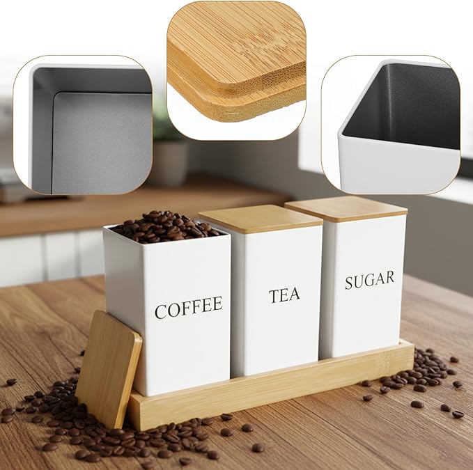 Coffee Tea Sugar Container with Tray, Set of 3 Square Airtight Metal Storage Canister with Bamboo Lids White Metal Teas and Coffee Canisters Set for Kitchen, Dining, Cupboard, Snack