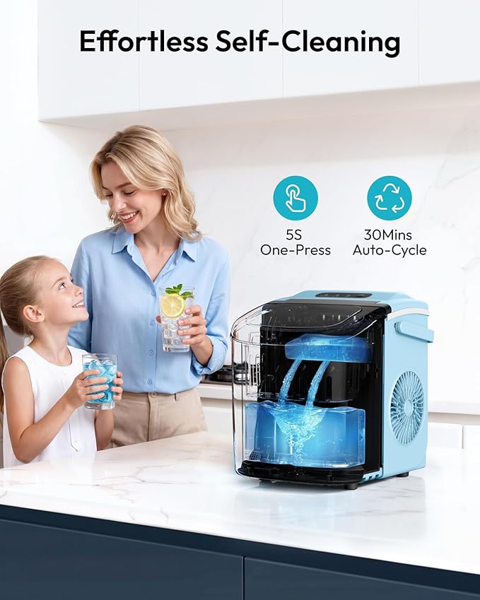 EUHOMY Countertop Ice Maker Machine with Handle, 26lbs Per Day, 9 Ice Cubes Ready in 6 Mins, Auto-Cleaning Portable Ice Maker with Basket and Scoop, for Home/Kitchen/Camping/RV (Blue)