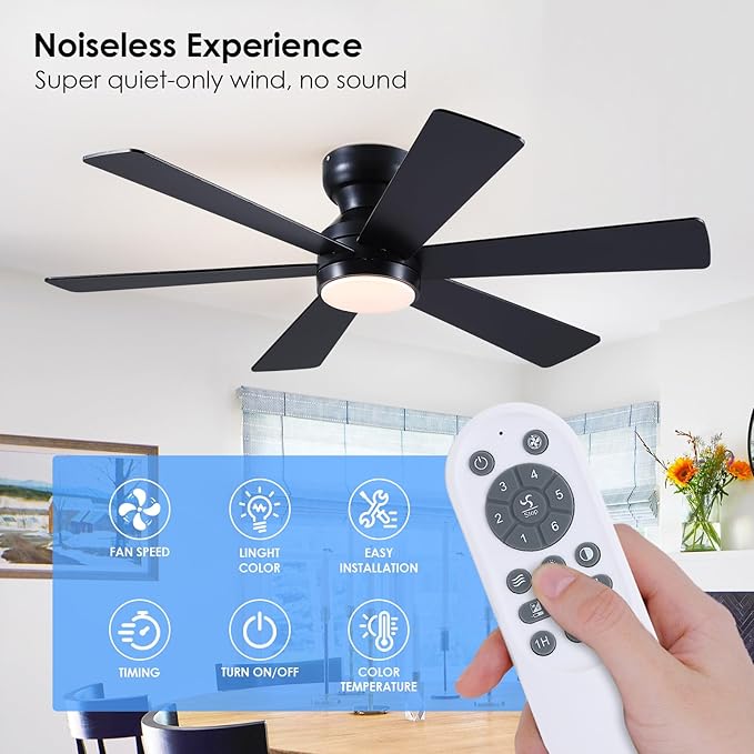 Asyko 46" Low Profile Ceiling Fan with Light and Remote Control,Black Modern Flush Mount Ceiling Fan with Lights for Bedroom, Reversible, Dimmable, Noiseless