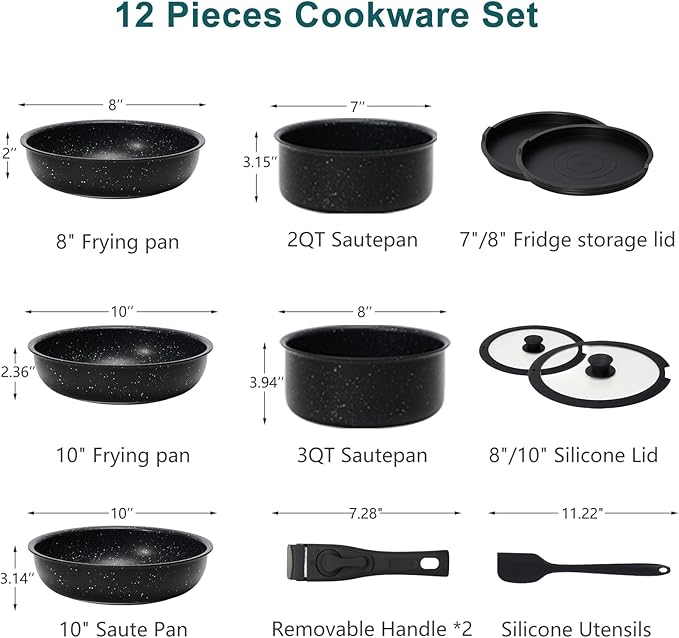 NEWBULIG 12-Piece Nonstick Cookware Set, Detachable Handle Pots and Pans, Induction Compatible Cookware, Dishwasher & Oven Safe, Space-Saving Kitchen Set, Black