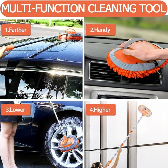 47.5" Car Wash Brush Mop Cleaning Tool with Long Handle Kit for Washing Detailing Cars Truck, SUV, RV, Trailer, Boat 2 in 1 Chenille Microfiber Sponge Duster Not Hurt Paint Scratch Free