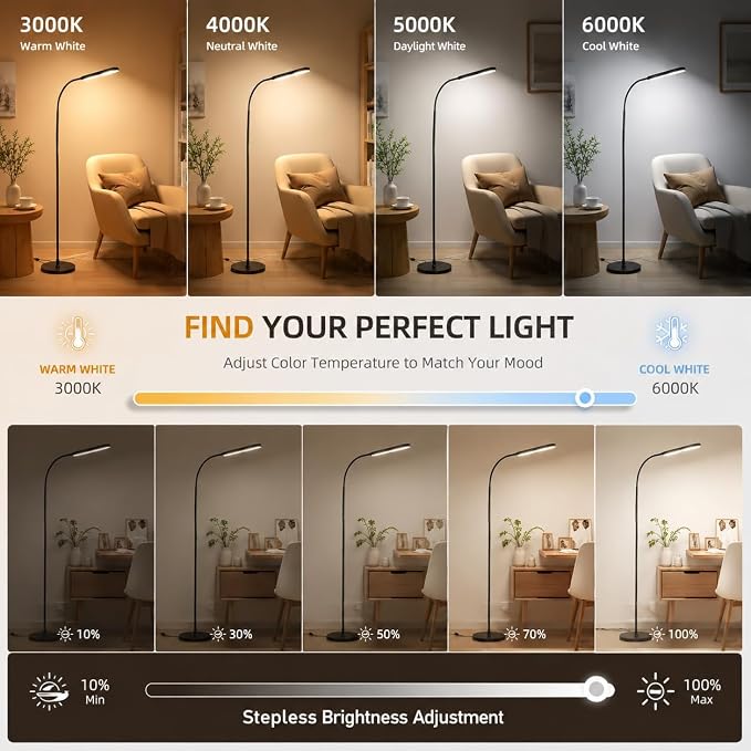Wio-Mio Floor lamp, 15w/1000lm Bright LED Floor Lamp with Stepless Adjustable 3000K-6000K Colors and Dimmer, Remote and Touch Control, Adjustable Floor Lamp for Living Room