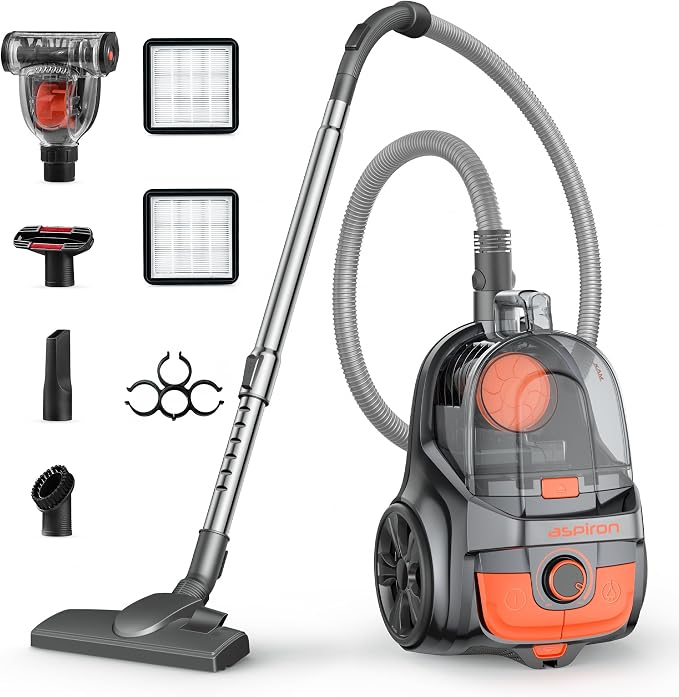 Aspiron Canister Vacuum, Upgraded 1600W Bagless Canister Vacuum Cleaner | Auto Cord Rewind, H13 HEPA Filter, 4Qt Large Capacity, 5 Tools for Hard Floors, Carpet, Pet, Upholstery, Tiles, Tangerine