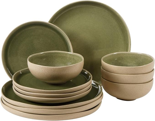 Gibson Elite Manila Bay 12-Piece Stoneware Dinnerware Set, Service for 4, Reactive Glaze Modern Artisan Plates, Bowls & Mugs, Green, Round Design