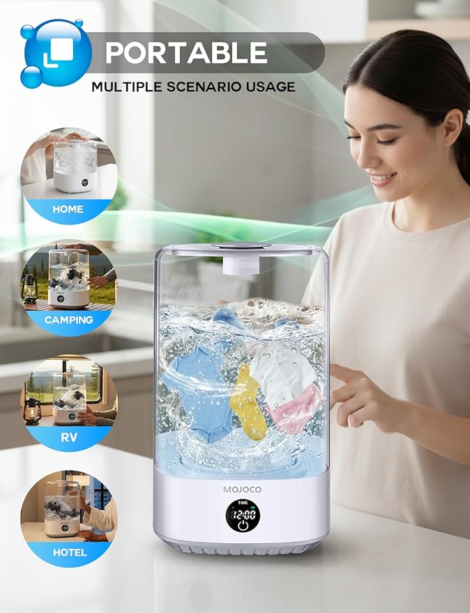 Mojoco Mini Washing Machine - 6L Small Portable Washing Machine with 3 Wash Modes for Underwear, Socks & Baby Clothes - Rechargeable Countertop Mini Washer for Dorms, Hotels, Travel & Camping