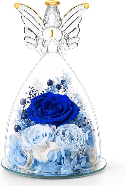 Mothers Day Roses Gifts for Mom Forever Preserved Real Roses Flowers in Glass Angel Figurines Fresh Flowers for Delivery for Grandma Women Mom Wife from Daughter/Blue