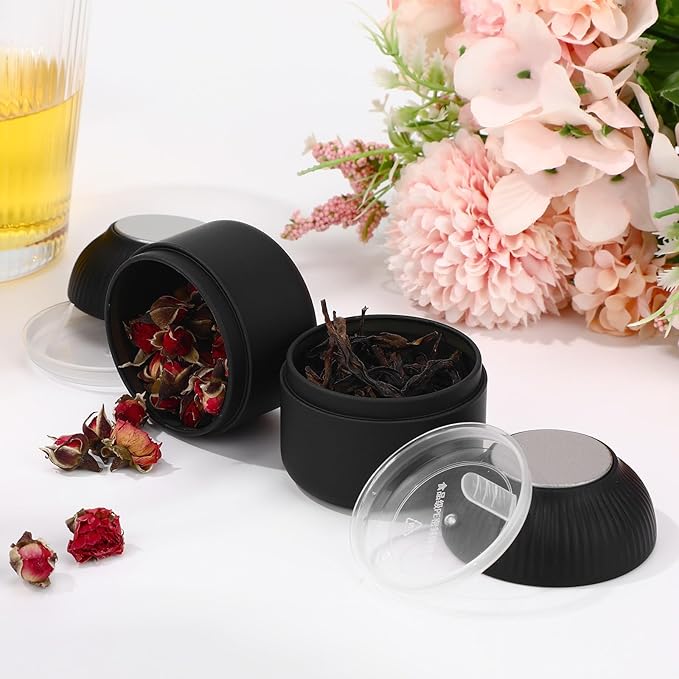 20 Pcs Mini Tea Tin Canister with Airtight Double Lids 2.5 oz Bulk Small Round Metal Tinplate Tea Tin Can Tiny Kitchen Containers for Loose Teas Spices Coffee Herb Sugar Candy (Black)