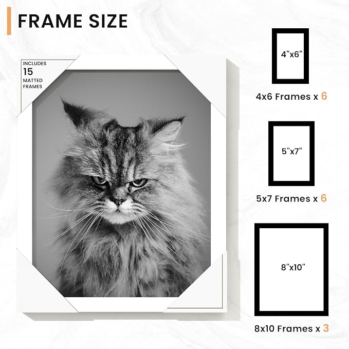 Venusmiles 15 Pack Picture Frames Collage Wall Decor, Gallery Frame Set for Wall Mounting or Tabletop Display, Multi Sizes Including 3pcs 8x10, 6pcs 5x7, 6pcs 4x6, White