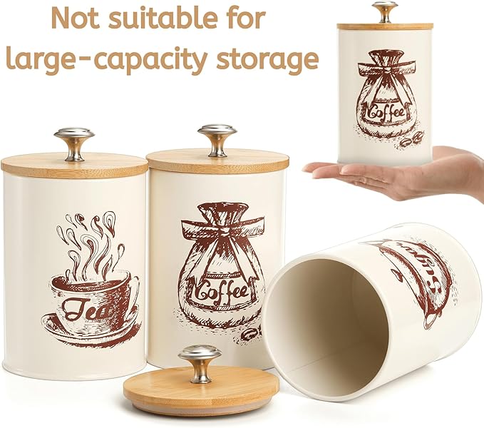 Youeon Small Canister Sets for Kitchen Counter, 25 Oz Coffee Sugar Tea Canister Set, Metal Vintage Kitchen Container 3 Pack, Food Storage Containers with Bamboo Lid, Farmhouse Decor, Beige