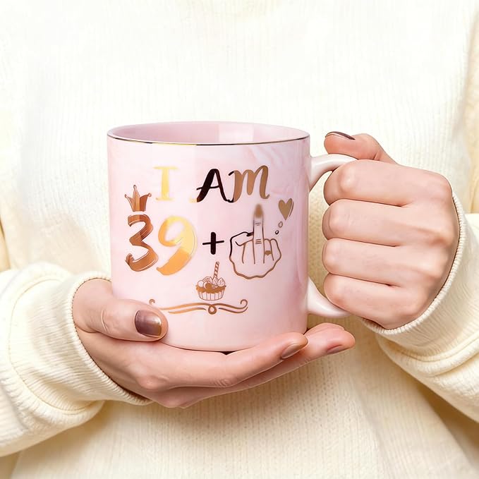 Funny 40th Birthday Gifts for Women - 14oz Pink Marble Ceramic Gold Print Coffee Mug with Cheeky “39+1” Design, Greeting Card & Luxury Gift Box, Celebrating Her Fabulous 40th with Humor and Style