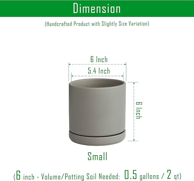 D'vine Dev 6 Inch Ceramic Planter Pot, Grey, 94-O-C-3 | Modern Cylinder Design, Drainage Hole & Saucer Included, Stable Structure, Elegant Home Accent