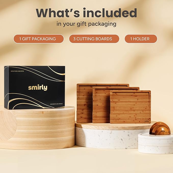 SMIRLY Wood Cutting Boards for Kitchen Wooden Chopping Board Set Reversible with Deep Juice Grooves Grip Handles, Large Charcuterie Tray, New Apartment Essentials, Carbonized Bamboo, 3Pcs with Holder